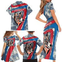 Mongolia Family Matching Short Sleeve Bodycon Dress and Hawaiian Shirt with Tribal Wolf Clouds Red Blue Flag Spirit