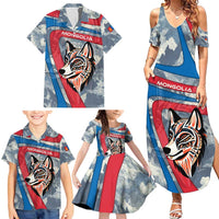Mongolia Family Matching Summer Maxi Dress and Hawaiian Shirt with Tribal Wolf Clouds Red Blue Flag Spirit