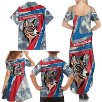 Mongolia Family Matching Summer Maxi Dress and Hawaiian Shirt with Tribal Wolf Clouds Red Blue Flag Spirit