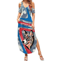 Mongolia Family Matching Summer Maxi Dress and Hawaiian Shirt with Tribal Wolf Clouds Red Blue Flag Spirit