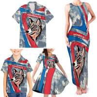 Mongolia Family Matching Tank Maxi Dress and Hawaiian Shirt with Tribal Wolf Clouds Red Blue Flag Spirit