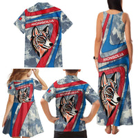Mongolia Family Matching Tank Maxi Dress and Hawaiian Shirt with Tribal Wolf Clouds Red Blue Flag Spirit