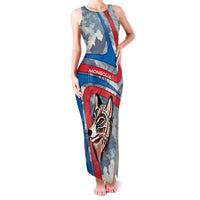 Mongolia Family Matching Tank Maxi Dress and Hawaiian Shirt with Tribal Wolf Clouds Red Blue Flag Spirit