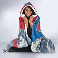 Mongolia Hooded Blanket with Tribal Wolf Clouds Red Blue Flag Spirit