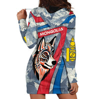 Mongolia Hoodie Dress with Tribal Wolf Clouds Red Blue Flag Spirit