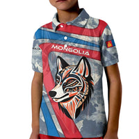 Mongolia Kid Polo Shirt with Tribal Wolf Clouds Red Blue Flag Spirit