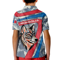 Mongolia Kid Polo Shirt with Tribal Wolf Clouds Red Blue Flag Spirit