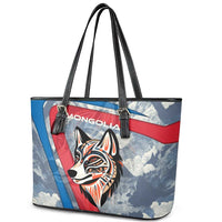 Mongolia Leather Tote Bag with Tribal Wolf Clouds Red Blue Flag Spirit