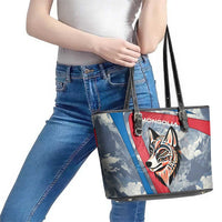 Mongolia Leather Tote Bag with Tribal Wolf Clouds Red Blue Flag Spirit