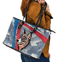 Mongolia Leather Tote Bag with Tribal Wolf Clouds Red Blue Flag Spirit