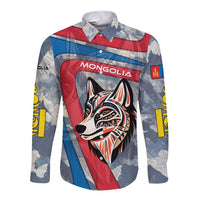 Mongolia Long Sleeve Button Shirt with Tribal Wolf Clouds Red Blue Flag Spirit