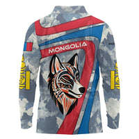 Mongolia Long Sleeve Polo Shirt with Tribal Wolf Clouds Red Blue Flag Spirit
