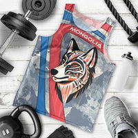 Mongolia Men Tank Top with Tribal Wolf Clouds Red Blue Flag Spirit