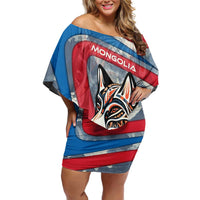 Mongolia Off Shoulder Short Dress with Tribal Wolf Clouds Red Blue Flag Spirit