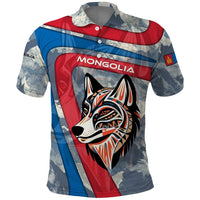 Mongolia Polo Shirt with Tribal Wolf Clouds Red Blue Flag Spirit