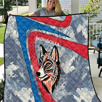 Mongolia Quilt with Tribal Wolf Clouds Red Blue Flag Spirit