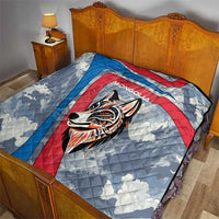 Mongolia Quilt with Tribal Wolf Clouds Red Blue Flag Spirit