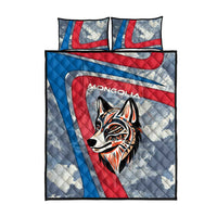 Mongolia Quilt Bed Set with Tribal Wolf Clouds Red Blue Flag Spirit