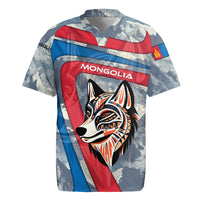 Mongolia Rugby Jersey with Tribal Wolf Clouds Red Blue Flag Spirit