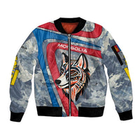 Mongolia Sleeve Zip Bomber Jacket with Tribal Wolf Clouds Red Blue Flag Spirit