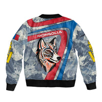 Mongolia Sleeve Zip Bomber Jacket with Tribal Wolf Clouds Red Blue Flag Spirit