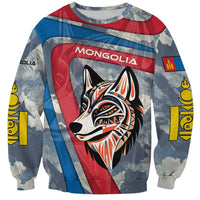Mongolia Sweatshirt with Tribal Wolf Clouds Red Blue Flag Spirit