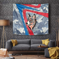 Mongolia Tapestry with Tribal Wolf Clouds Red Blue Flag Spirit