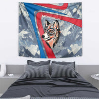 Mongolia Tapestry with Tribal Wolf Clouds Red Blue Flag Spirit