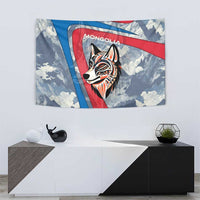 Mongolia Tapestry with Tribal Wolf Clouds Red Blue Flag Spirit