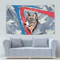 Mongolia Tapestry with Tribal Wolf Clouds Red Blue Flag Spirit