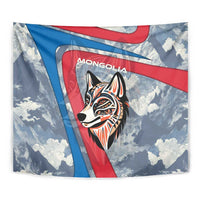 Mongolia Tapestry with Tribal Wolf Clouds Red Blue Flag Spirit