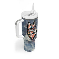 Mongolia Tumbler With Handle with Tribal Wolf Clouds Red Blue Flag Spirit