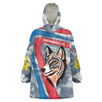 Mongolia Wearable Blanket Hoodie with Tribal Wolf Clouds Red Blue Flag Spirit
