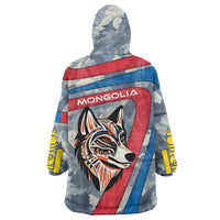Mongolia Wearable Blanket Hoodie with Tribal Wolf Clouds Red Blue Flag Spirit