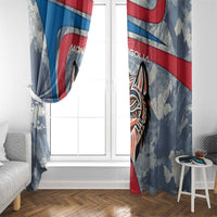 Mongolia Window Curtain with Tribal Wolf Clouds Red Blue Flag Spirit