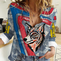 Mongolia Women Casual Shirt with Tribal Wolf Clouds Red Blue Flag Spirit