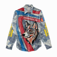 Mongolia Women Casual Shirt with Tribal Wolf Clouds Red Blue Flag Spirit
