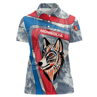 Mongolia Women Polo Shirt with Tribal Wolf Clouds Red Blue Flag Spirit