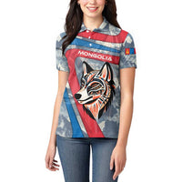 Mongolia Women Polo Shirt with Tribal Wolf Clouds Red Blue Flag Spirit