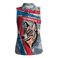 Mongolia Women Sleeveless Polo Shirt with Tribal Wolf Clouds Red Blue Flag Spirit