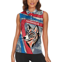 Mongolia Women Sleeveless Polo Shirt with Tribal Wolf Clouds Red Blue Flag Spirit