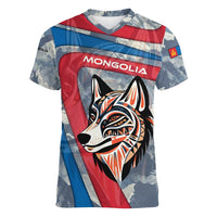 Mongolia Women V-Neck T-Shirt with Tribal Wolf Clouds Red Blue Flag Spirit