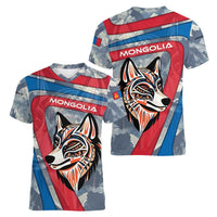 Mongolia Women V-Neck T-Shirt with Tribal Wolf Clouds Red Blue Flag Spirit