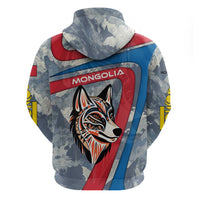 Mongolia Zip Hoodie with Tribal Wolf Clouds Red Blue Flag Spirit
