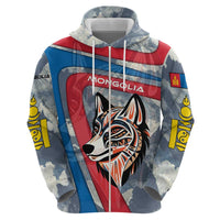 Mongolia Zip Hoodie with Tribal Wolf Clouds Red Blue Flag Spirit