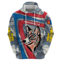 Mongolia Zip Hoodie with Tribal Wolf Clouds Red Blue Flag Spirit