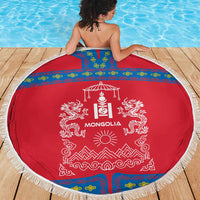 Mongolia Beach Blanket with Soyombo Dragon Sun Red Blue Tradition Spirit