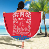 Mongolia Beach Blanket with Soyombo Dragon Sun Red Blue Tradition Spirit