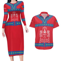 Mongolia Couples Matching Long Sleeve Bodycon Dress and Hawaiian Shirt with Soyombo Dragon Sun Red Blue Tradition Spirit