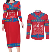 Mongolia Couples Matching Long Sleeve Bodycon Dress and Long Sleeve Button Shirt with Soyombo Dragon Sun Red Blue Tradition Spirit